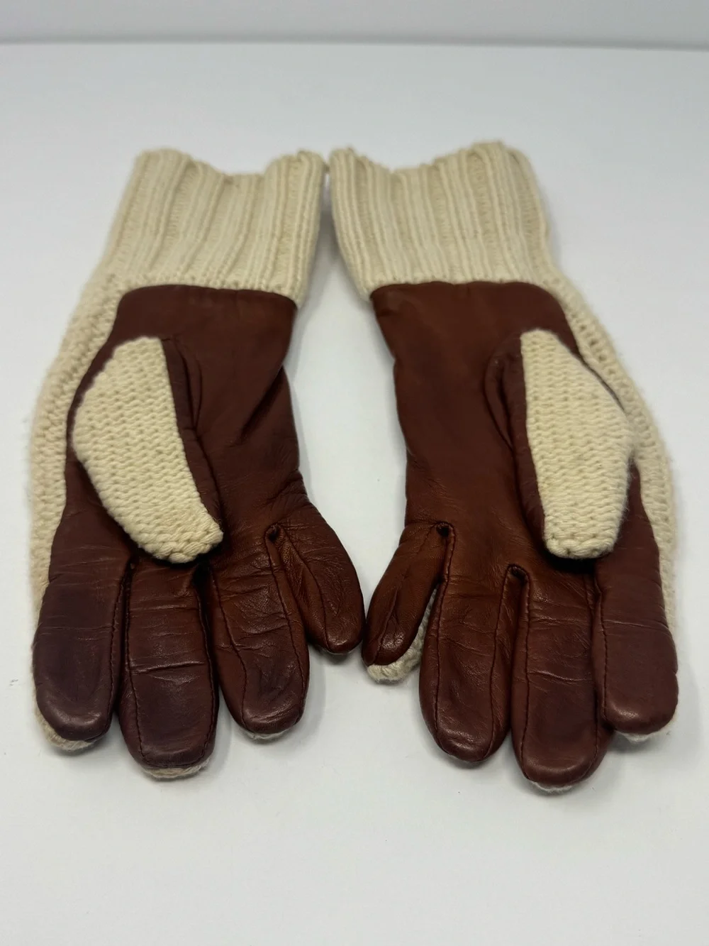 VTG 90s/Y2K Grandoe 100% Cashmere Knit Back Leather Palms Gloves Brown Cream S/M